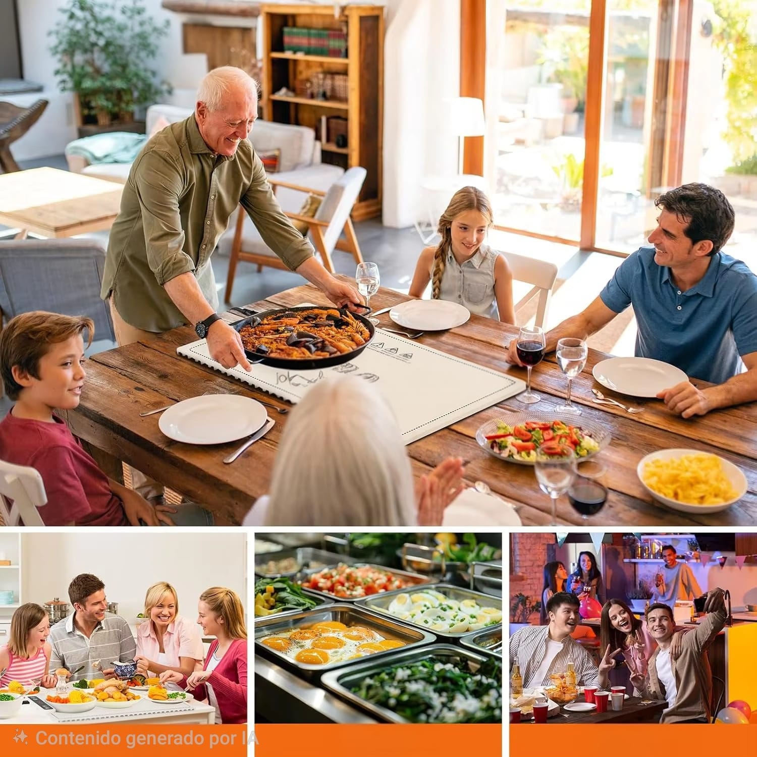 Imágenes de la bandeja térmica portátil para alimentos en diferentes contextos sociales. Destaca la escena central de una comida familiar donde se sirve una paella sobre la base protectora, complementada por recuadros secundarios que muestran un buffet, una cena en el hogar y una reunión de amigos de noche.