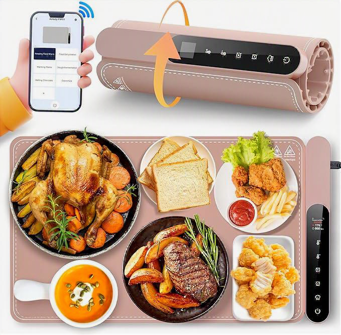Imagen promocional de la bandeja térmica inteligente para mantener la comida caliente. Se detalla el producto abierto con diferentes preparaciones culinarias sobre su superficie, el panel de control lateral integrado, una flecha naranja que indica cómo se enrolla para guardarlo y la interfaz de una app celular para su gestión remota.