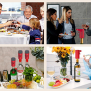 Infografía de estilo collage que ilustra diferentes situaciones de uso para un dispensador automático rojo, incluyendo comidas en familia, eventos corporativos, preparación de cócteles en un bar y un pícnic relajado en el exterior.