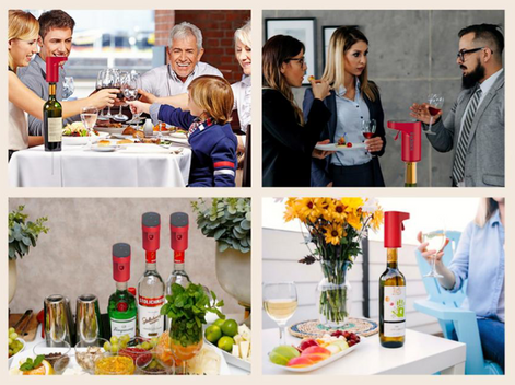 Infografía de estilo collage que ilustra diferentes situaciones de uso para un dispensador automático rojo, incluyendo comidas en familia, eventos corporativos, preparación de cócteles en un bar y un pícnic relajado en el exterior.
