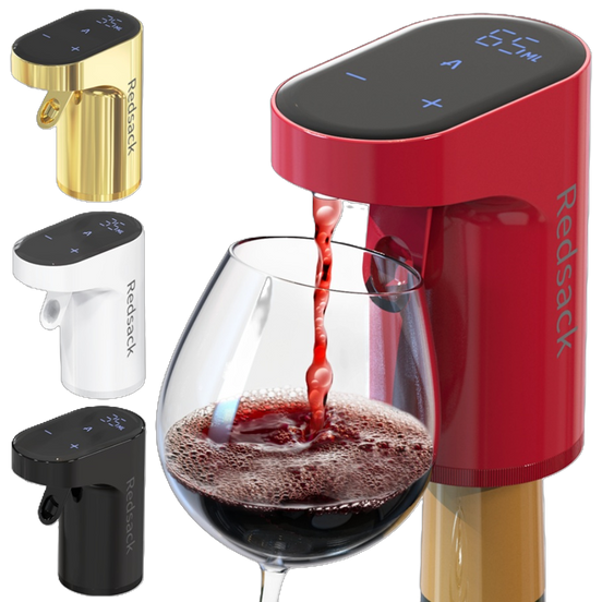Muestra de las variantes de color del dispensador automático de vino Redsack. En tamaño principal se ve el modelo rojo sirviendo vino con su pantalla digital encendida marcando 65 ml, acompañado en el lateral por los modelos en acabado dorado, blanco y negro mate.