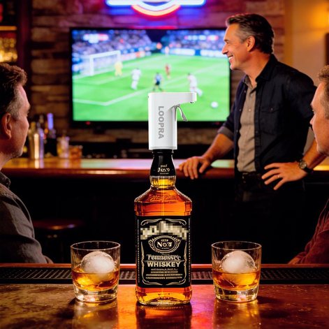 Botella de whisky con un dispensador automático Loopra en la barra de un bar, flanqueada por dos vasos con hielo redondo, con clientes y una pantalla de televisión mostrando fútbol al fondo.