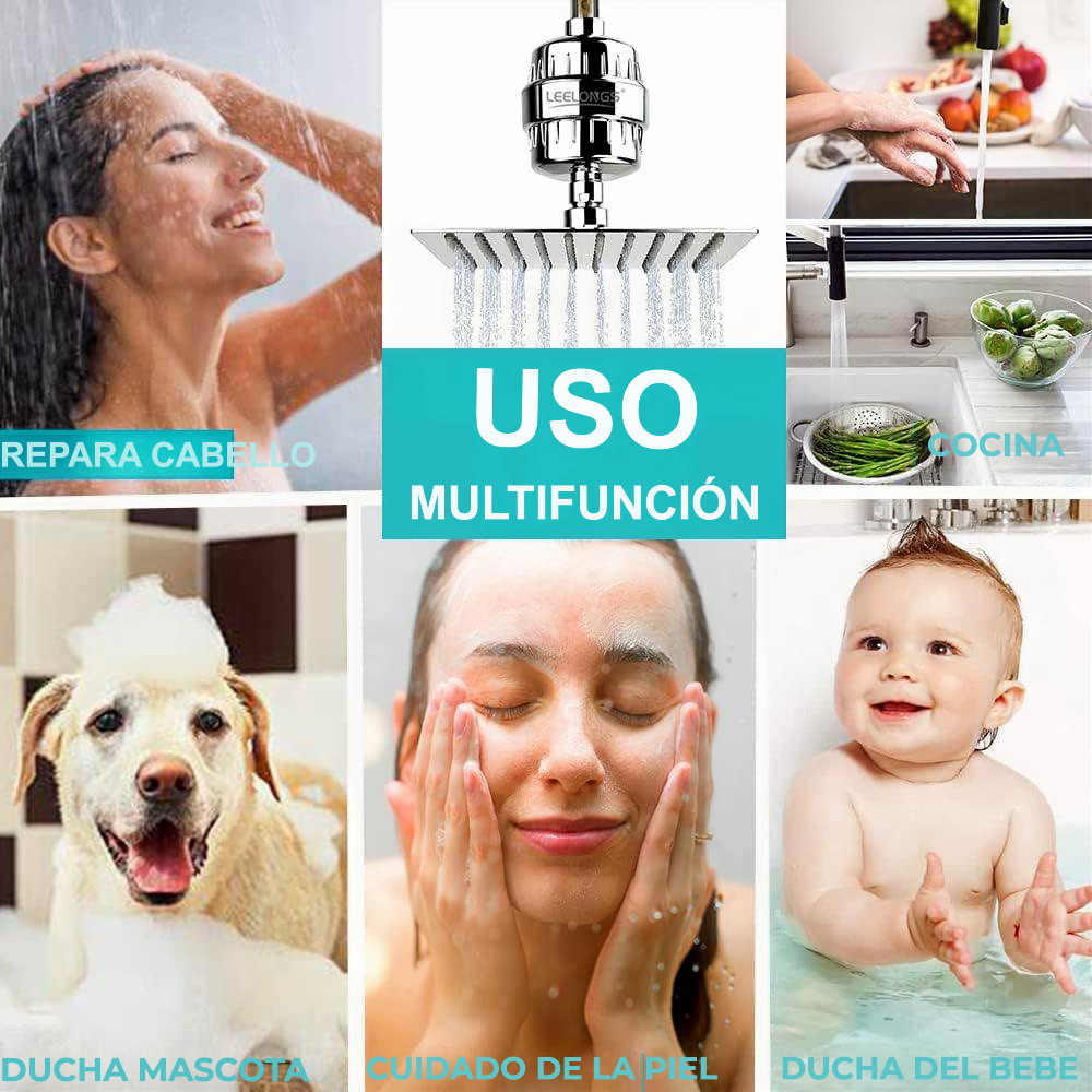 Composición de imágenes que destaca los múltiples usos de un filtro de agua Leelongs, mostrando escenas cotidianas con textos explicativos en español: cuidado del cabello, uso en cocina, baño de mascotas, limpieza facial y baño para bebés.