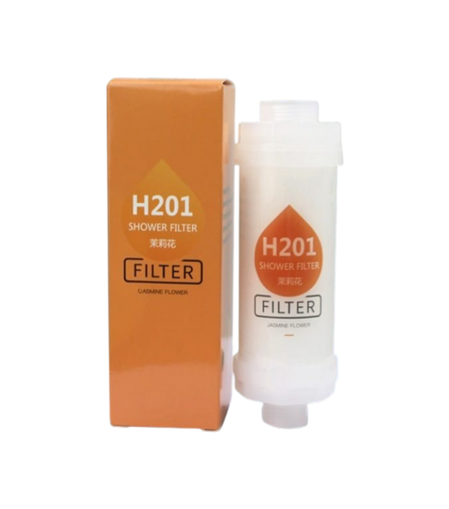 Cartucho cilíndrico de filtro para ducha H201 aroma Pine Forest al lado de su caja comercial narajanda