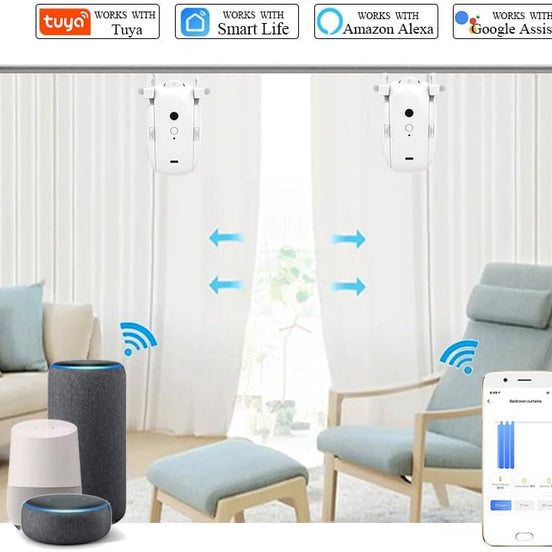Motores de cortina inteligentes automatizados en un salón, mostrando control por voz con Alexa y Google Home, aplicación móvil y compatibilidad con Smart Life y Tuya.
